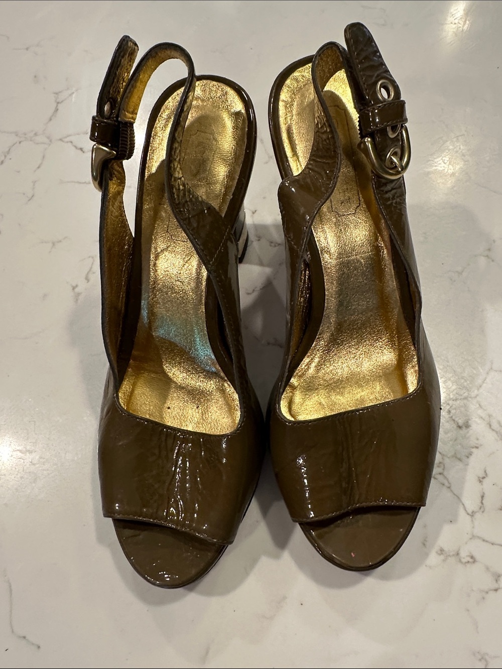 Coach Brown Patent Slingback Peep-Toe Heels with Gold Insole Accent